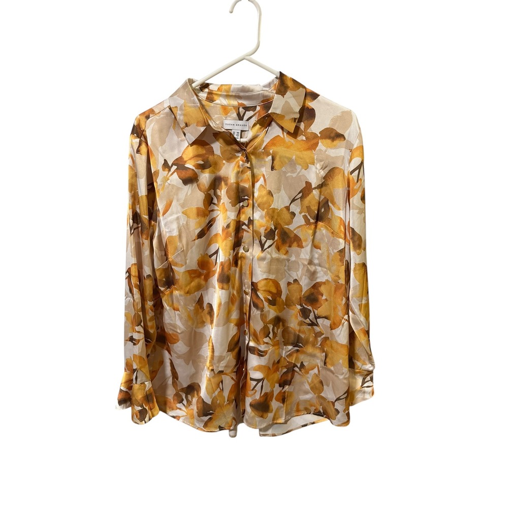 Susan Graver Size‎ Medium Petite Liquid Satin Floral Blouse Mustard